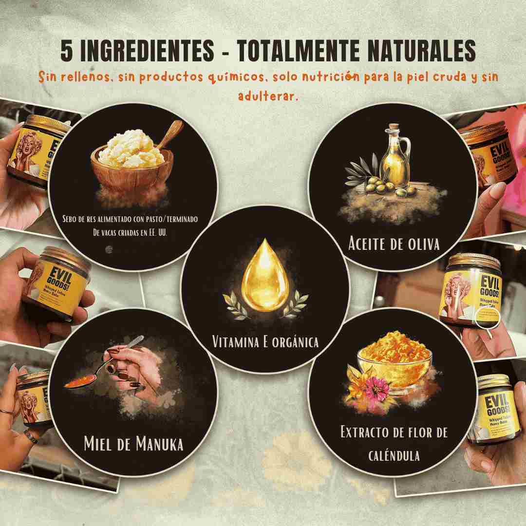EVIL GOODS! Bálsamo de sebo de res batido y miel de Manuka, 113 g, crema facial orgánica, humectante, loción corporal, cuidado de la piel y bálsamo labial.